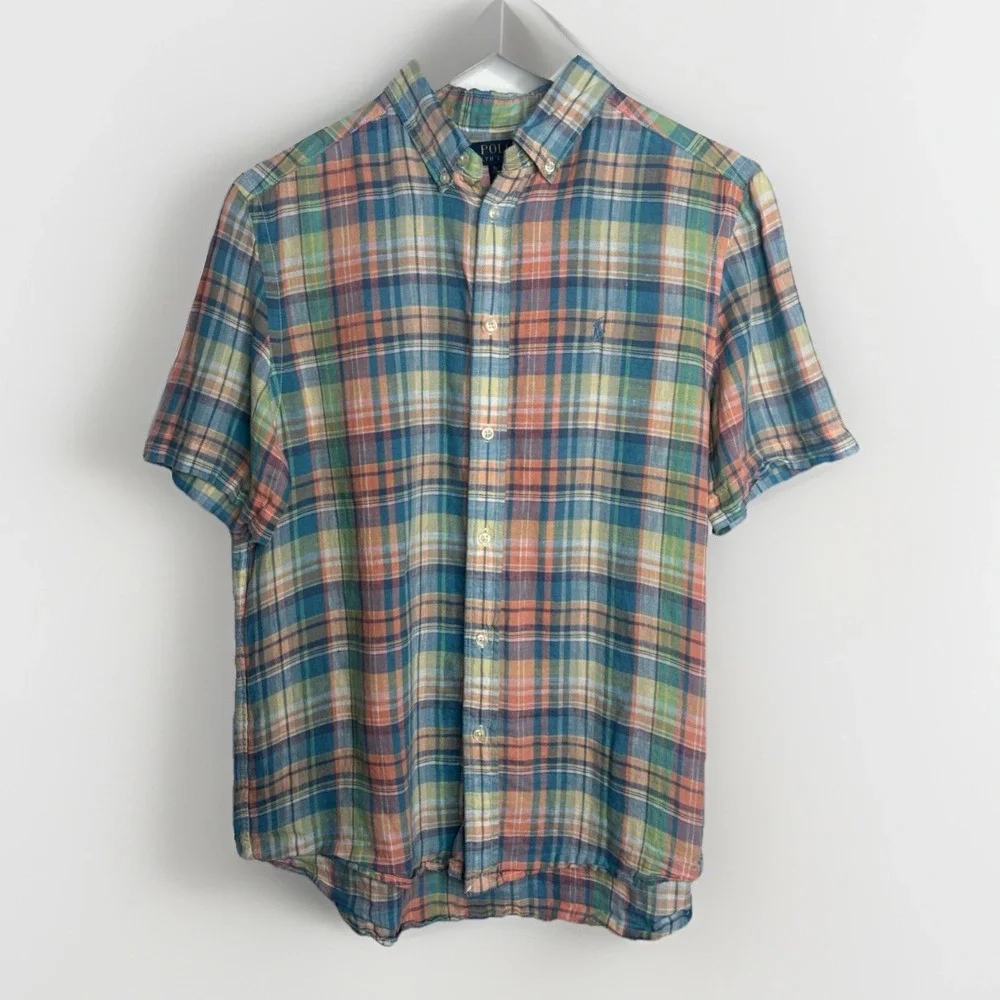 Ralph Lauren Shirt Youth‎ XL 18- 20 Plaid 100% Linen Madras Short Sleeve Button